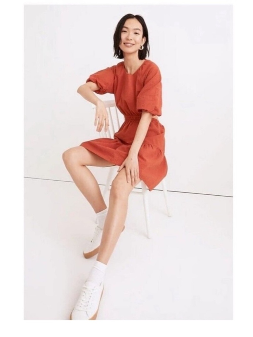 Madewell Seersucker Puff-Sleeve Cutout Mini Dress in Fresh Chili